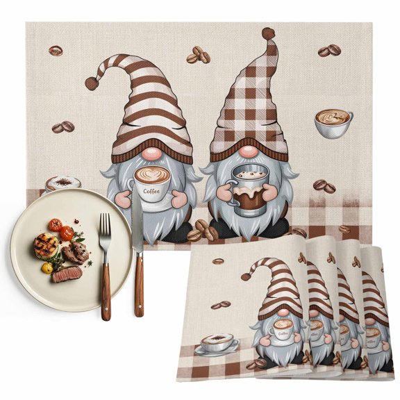 Placemats Set of 4, Coffee Cup Gnome Place Mats Coffee Beans Brown Plaid Tablemats Washable Placemat Table Decoration for Kitchen Table Dinner Party Home Decor Indoor Outdoor 13x19 Inch