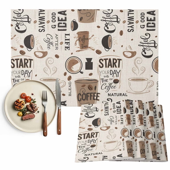 Placemats Set of 4, Coffee Cup Place Mats Coffee Beans Day Tablemats Washable Placemat Table Decoration for Kitchen Table Dinner Party Home Decor Indoor Outdoor 13x19 Inch