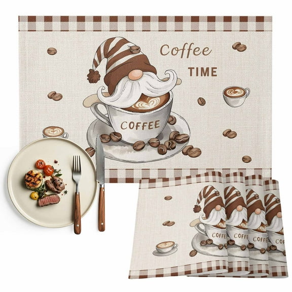 Placemats Set of 4, Coffee Time Gnome Place Mats Coffee Beans Brown Plaid Tablemats Washable Placemat Table Decoration for Kitchen Table Dinner Party Home Decor Indoor Outdoor 13x19 Inch