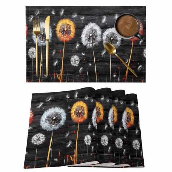 Placemats Set of 4 Colorful Dandelion Floral Non-Slip Place Mat Retro Black Table Mats Washable Stain-Resistant Tablemats for Party/Dining Room/Kitchen Decorations