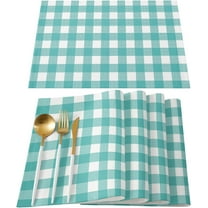 Placemats Set of 4 Cotton Linen Table Place Mat Turquoise Green Buffalo Plaid Farmhouse Summer Burlap Food Mat Waterproof Dinner Table Setting Table Mat Washable Cat Dog Pet Placemat