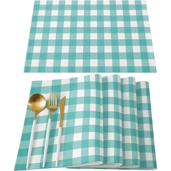 Placemats Set of 4 Cotton Linen Table Place Mat Turquoise Green Buffalo Plaid Farmhouse Summer Burlap Food Mat Waterproof Dinner Table Setting Table Mat Washable Cat Dog Pet Placemat