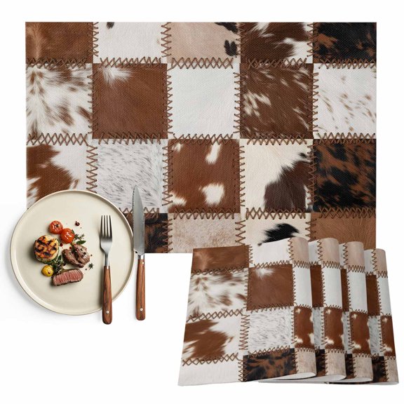 Placemats Set of 4, Cow Animal Fur Skin Place Mats Western Cowboy Tablemats Washable Placemat Table Decoration for Kitchen Table Dinner Party Home Decor Indoor Outdoor 13x19 Inch
