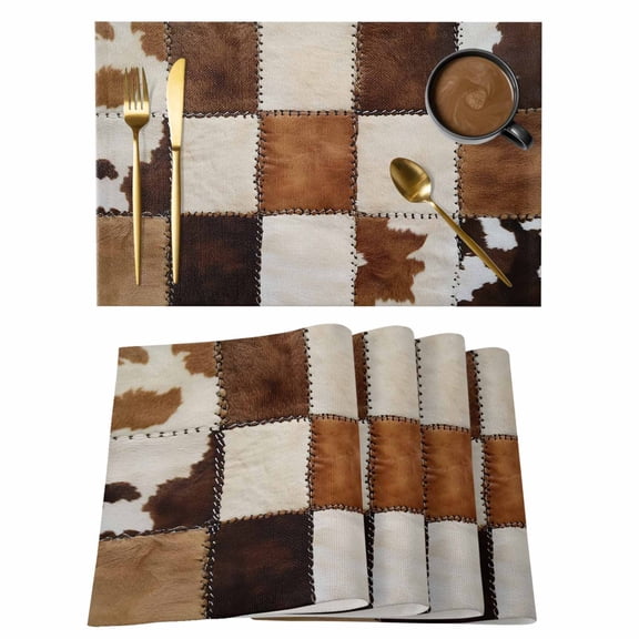 Placemats Set of 4 Cowhide Non-Slip Place Mat Cow Fur Print Farm Animal Skin Brown Table Mats Washable Stain-Resistant Tablemats for Party/Dining Room/Kitchen Decorations