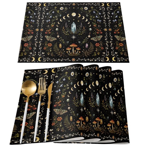 Placemats Set of 4, Crystal Star Lunar Place Mats Bohemian Mysterious Starry Night Linen Tablemats Washable Placemat Table Decoration for Kitchen Table Dinner Party Home Decor 13x19 Inch