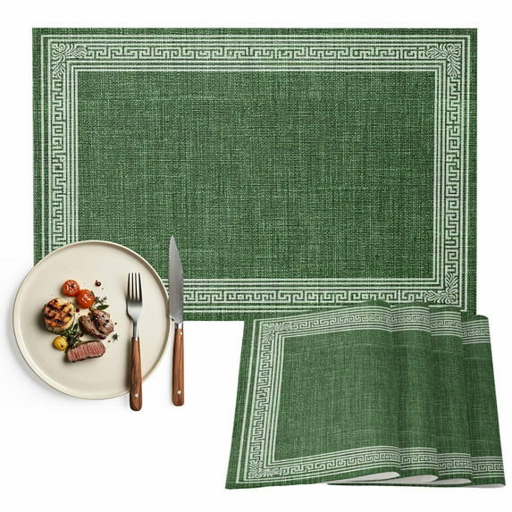 Placemats Set of 4, Dark Green Linen Key Design Place Mats Geometric Back Print Tablemats Washable Placemat Table Decoration for Kitchen Table Dinner Party Home Decor Indoor Outdoor 13x19 Inch