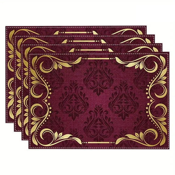 Placemats Set of 4, Decor Heat Resistant Table Mats, Washable Non Slip Placemats for Party Kitchen Dining Compatible with Flower Maroon Gold Floral Classy Burgundy Antique, 12×18in