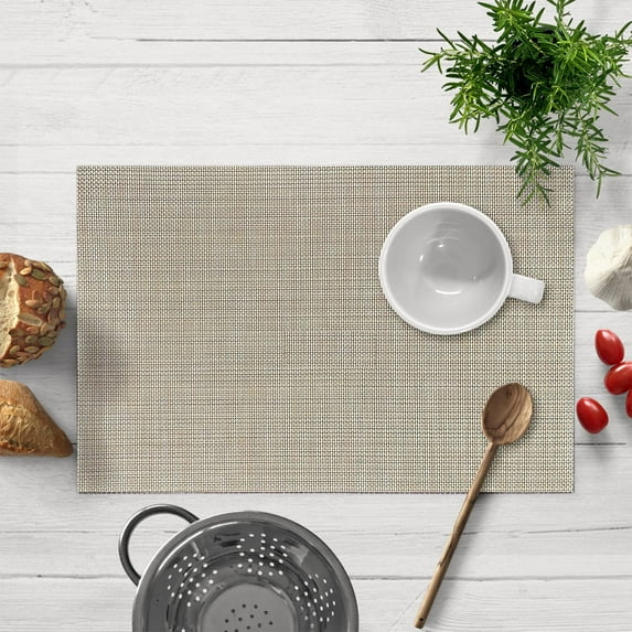 Placemats Set of 4 for Dining Coffee Table Scratch Heat Stain Resistant Anti Skid Kitchen Decor Washable Wipeable Indoor Outdoor Durable Tablemats Vinyl PVC 18x12 Inches - Beige