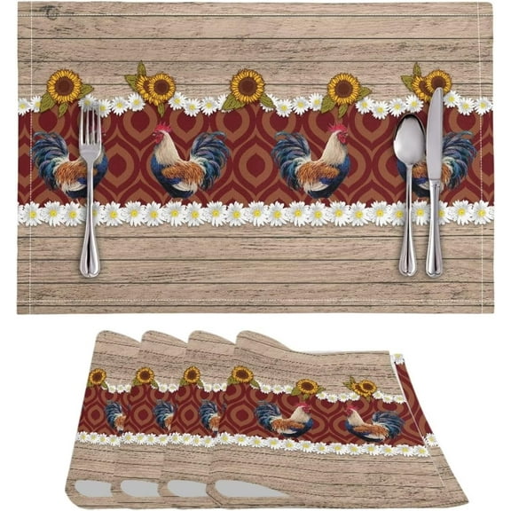 Placemats Set of 4, Dining Table Woven Vinyl PVC Placemat Wipeable Easy to Clean Oil-Proof Non-Slip Tablemats for Home Decorations, Rooster Daisy Wood Grain