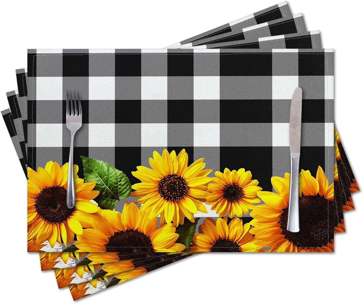 Placemats Set of 4 for Dining Table, Yellow Sunflower on Black and ...