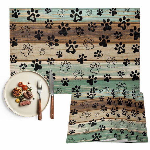 Placemats Set of 4, Dog Claw Paw Print Place Mats Pet Green Brown Wood Grain Tablemats Washable Placemat Table Decoration for Kitchen Table Dinner Party Home Decor Indoor Outdoor 13x19 Inch