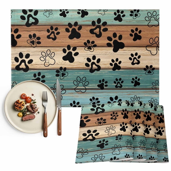 Placemats Set of 4, Dog Paw Place Mats Pets Print Teal Brown Wood Grain Tablemats Washable Placemat Table Decoration for Kitchen Table Dinner Party Home Decor Indoor Outdoor 13x19 Inch