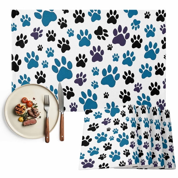 Placemats Set of 4, Dog Paw Print Place Mats Black Blue White Animal Pattern Tablemats Washable Placemat Table Decoration for Kitchen Table Dinner Party Home Decor Indoor Outdoor 13x19 Inch