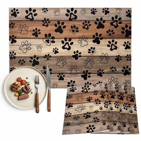 Placemats Set of 4, Dog Paw Print Place Mats Retro Brown Wood Grain Tablemats Washable Placemat Table Decoration for Kitchen Table Dinner Party Home Decor Indoor Outdoor 13x19 Inch