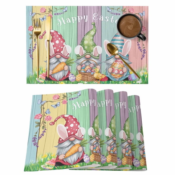 Placemats Set of 4, Easter Bunny Gnomes Woven Placemat, Linen Place Mats for Kitchen/Dining Tables, Spring Easter Eggs Floral Colorful Wood Washable Table Mats for Party