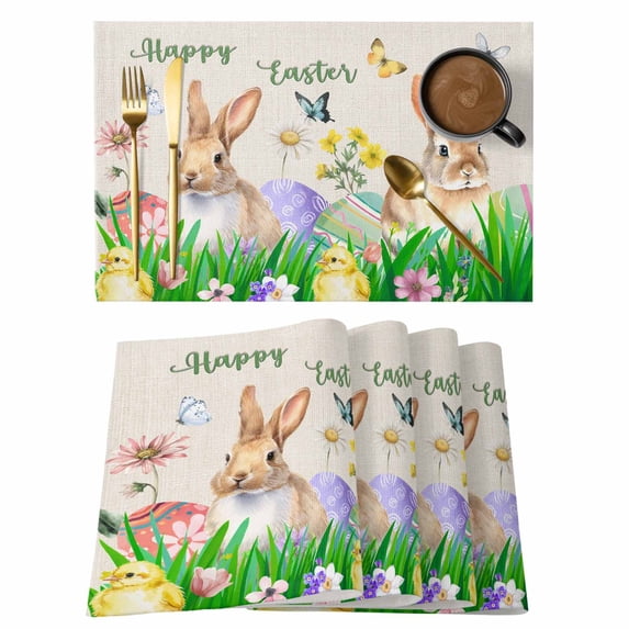 Placemats Set of 4, Easter Bunny Woven Placemat, Linen Place Mats for Kitchen/Dining Tables, Spring Easter Eggs Floral Rustic Burlap Washable Table Mats for Party