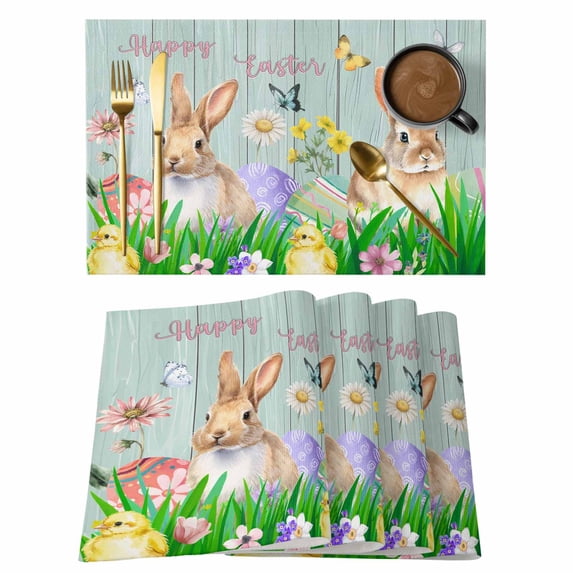 Placemats Set of 4, Easter Bunny Woven Placemat, Linen Place Mats for Kitchen/Dining Tables, Spring Easter Eggs Floral Teal Wood Washable Table Mats for Party