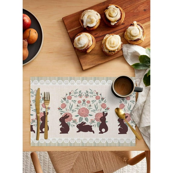 Placemats Set of 4, Easter Rabbit Retro Flowers Floral Kitchen Table Placemats,Non Slip Washable Dining Table Mats Set for Wedding Holiday Party Decoration