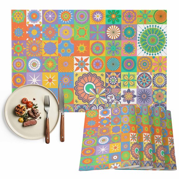 Placemats Set of 4, Ethnic Tribal Style Place Mats Geometric Mantoro Vintage Floral Yellow Tablemats Washable Placemat Table Decoration for Kitchen Table Dinner Party Home Decor 13x19 Inch