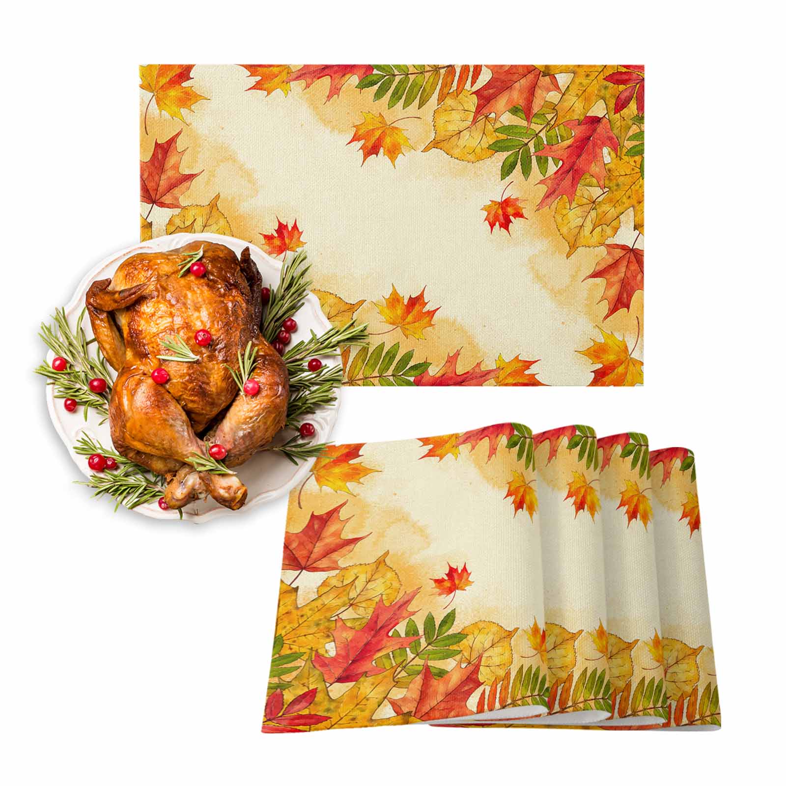 Placemats Set of 4 Fall Orange Maple Leaf Vintage Watercolor Painting