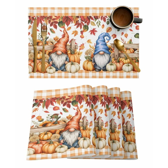 Placemats Set of 4, Fall Pumpkin Gnome Fallen Leaves Wooden Fence Country Place Mats for Kitchen, Heat Insulation Table Mats Washable Foldable Dining Table Decoration for Home Party 13 x 19 Inch