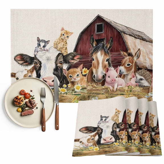 Placemats Set of 4, Farm Animal Place Mats Barn Cat Horse Pig Cow Tablemats Washable Placemat Table Decoration for Kitchen Table Dinner Party Home Decor Indoor Outdoor 13x19 Inch
