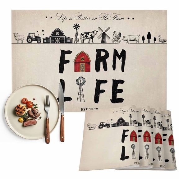 Placemats Set of 4, Farm Life Place Mats Retro Farmhouse Red Barn Windmill Cow Chicken Tractors Tablemats Placemat Table Decoration for Kitchen Table Dinner Party Home Decor 13x19 Inch