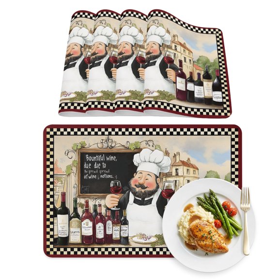Placemats Set of 4, Farmhouse Chef Red Wine Faux Leather Placemat Waterproof Wipeable Table Mats 12x18in, Rustic Cooking Theme Buffalo Check Washable Place Mats for Kitchen Dining Table Party Outdoor