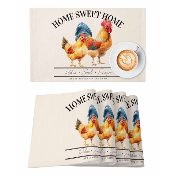 Placemats Set of 4 Farmhouse Cock Washable Table Mats for Kitchen Dining Table Vintage Farm Country Heat-Resistant Placemats for Indoor Outdoor Parties and Holiday Decor