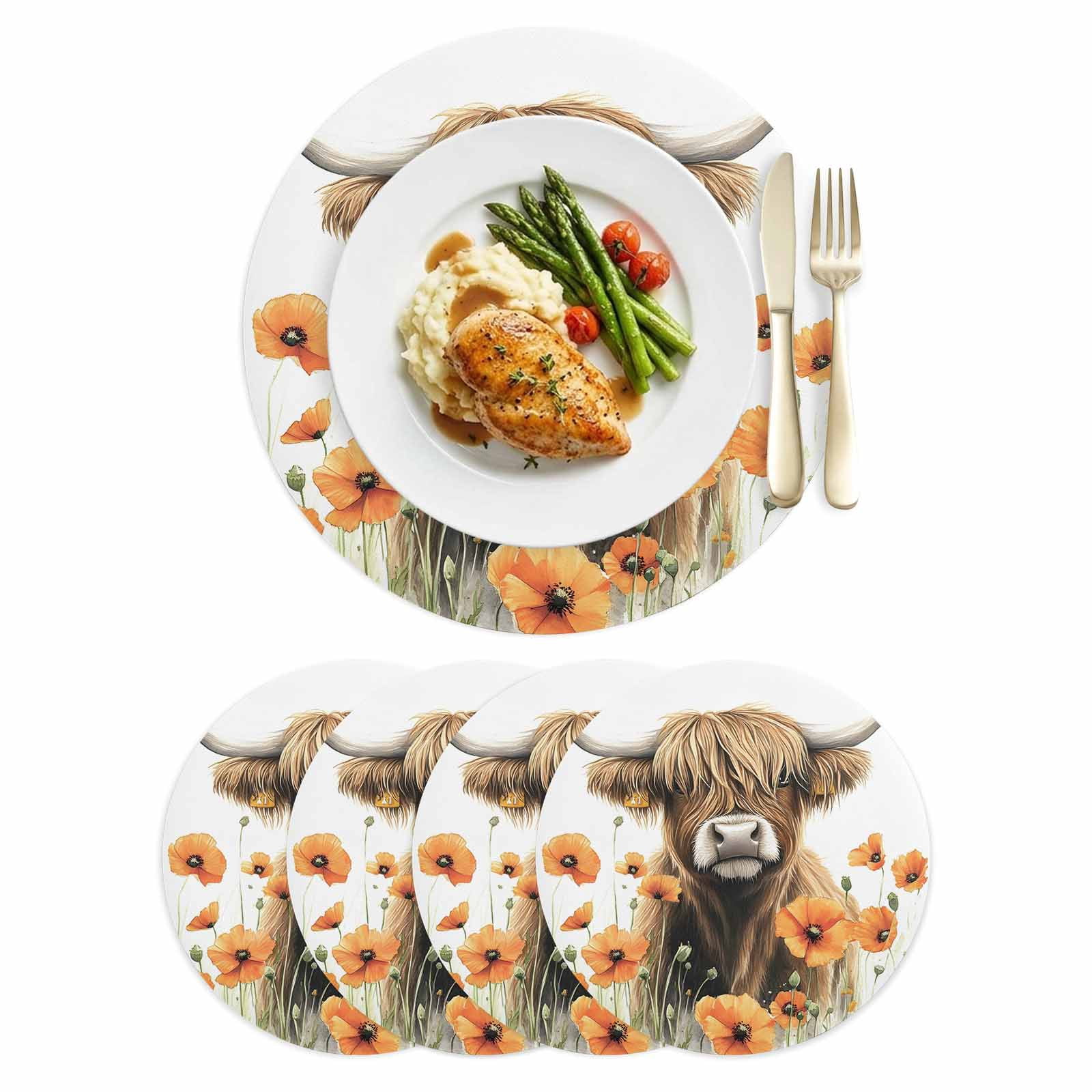 Placemats Set of 4,Farmhouse Highland Cattle Poppy on White PU Place ...