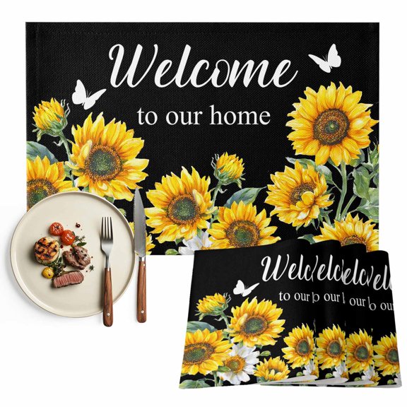 Placemats Set of 4, Farmhouse Sunflower Place Mats Welcome to Our Home Tablemats Washable Placemat Table Decoration for Kitchen Table Dinner Party Home Decor Indoor Outdoor 13x19 Inch