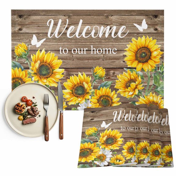 Placemats Set of 4, Farmhouse Sunflower Place Mats Wood Welcome to Our Home Tablemats Washable Placemat Table Decoration for Kitchen Table Dinner Party Home Decor Indoor Outdoor 13x19 Inch