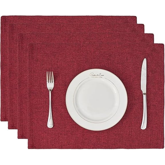 Placemats Set of 4 Faux Linen Cloth Place Mats Washable Waterproof Wrinkle Resistant Table Placemats for Dining Kitchen Farmhouse Indoor & Outdoor Use(Ruby Red, 13.8x 17.7