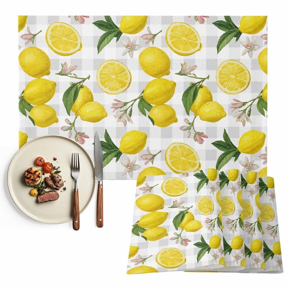Placemats Set of 4, Floral Lemon Place Mats Yellow Summer Fruit Grey Plaid Tablemats Washable Placemat Table Decoration for Kitchen Table Dinner Party Home Decor Indoor Outdoor 13x19 Inch
