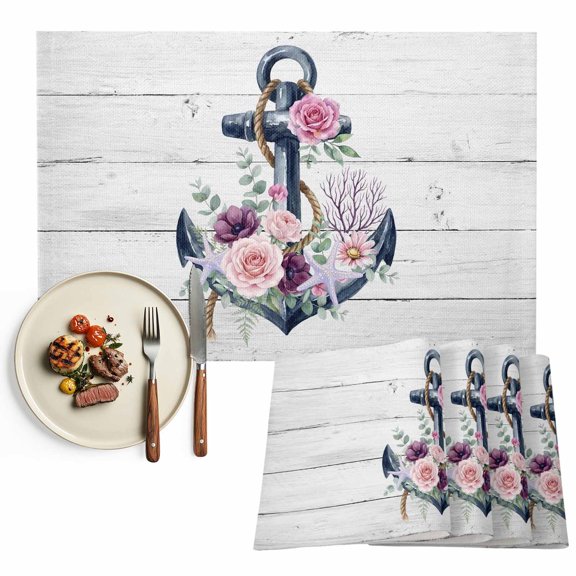 Placemats Set of 4, Floral Nautical Anchor Place Mats Rustic Retro Wood Grain Tablemats Washable Placemat Table Decoration for Kitchen Table Dinner Party Home Decor Indoor Outdoor 13x19 Inch