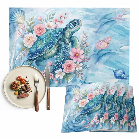 Placemats Set of 4, Floral Sea Turtle Place Mats Starfish Shell Coral Blue Tablemats Washable Placemat Table Decoration for Kitchen Table Dinner Party Home Decor Indoor Outdoor 13x19 Inch