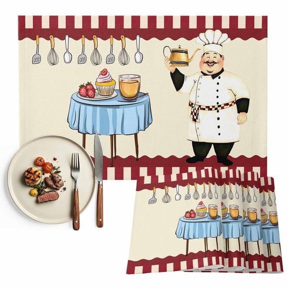Placemats Set of 4, Funny Chef Kitchen Dessert Place Mats Red Stripes Tablemats Washable Placemat Table Decoration for Kitchen Table Dinner Party Home Decor Indoor Outdoor 13x19 Inch