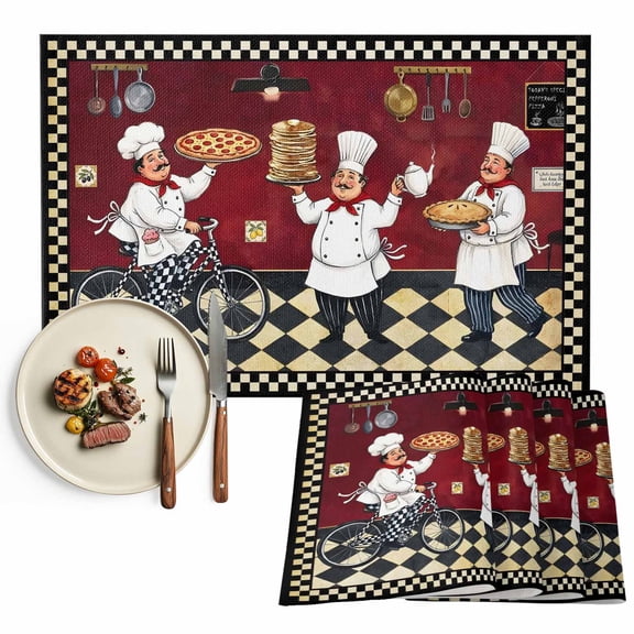 Placemats Set of 4, Funny Chef Place Mats Cozy Kitchen Pizza Buffalo Plaid Tablemats Washable Placemat Table Decoration for Kitchen Table Dinner Party Home Decor Indoor Outdoor 13x19 Inch