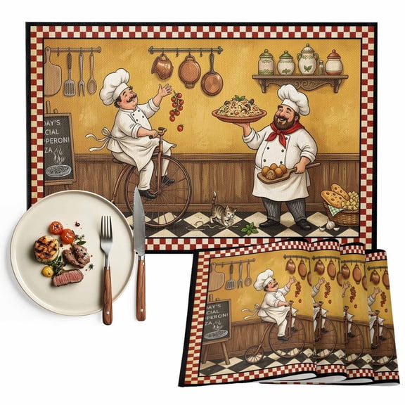 Placemats Set of 4, Funny Chef Place Mats Pizza Toss Cooking Kitchen Plaid Tablemats Washable Placemat Table Decoration for Kitchen Table Dinner Party Home Decor Indoor Outdoor 13x19 Inch