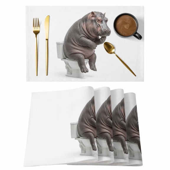 Placemats Set of 4, Funny Hippos Woven Placemat, Linen Place Mats for Kitchen/Dining Tables, Cute Art Fun Lovely Animals on Toilets Washable Table Mats for Party