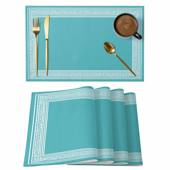 Placemats Set of 4 Geometric Greek Key Design Non-Slip Place Mat Teal Simple Style Table Mats Washable Stain-Resistant Tablemats for Party/Dining Room/Kitchen Decorations