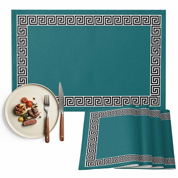 Placemats Set of 4, Geometric Greek Key Design Place Mats Teal Green Tablemats Washable Placemat Table Decoration for Kitchen Table Dinner Party Home Decor Indoor Outdoor 13x19 Inch