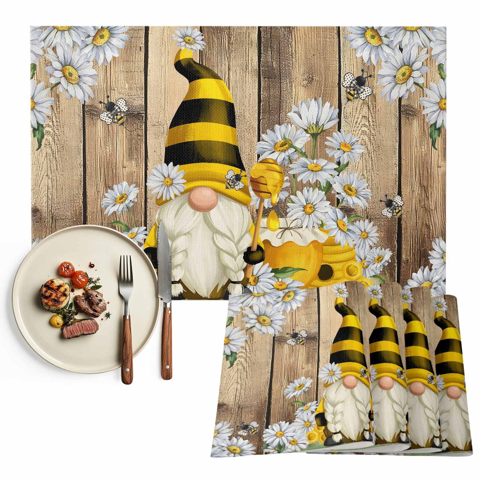 Placemats Set of 4, Gnome Honey Bee Place Mats Daisy Flower Wood Grain ...