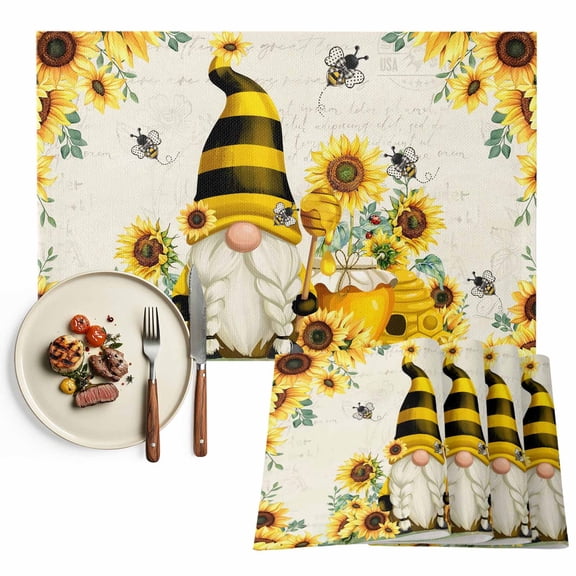 Placemats Set of 4, Gnome Honey Bee Place Mats Sunflower Retro Tablemats Washable Placemat Table Decoration for Kitchen Table Dinner Party Home Decor Indoor Outdoor 13x19 Inch
