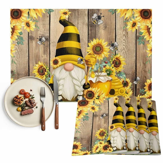 Placemats Set of 4, Gnome Honey Bee Place Mats Sunflower Wood Grain Tablemats Washable Placemat Table Decoration for Kitchen Table Dinner Party Home Decor Indoor Outdoor 13x19 Inch