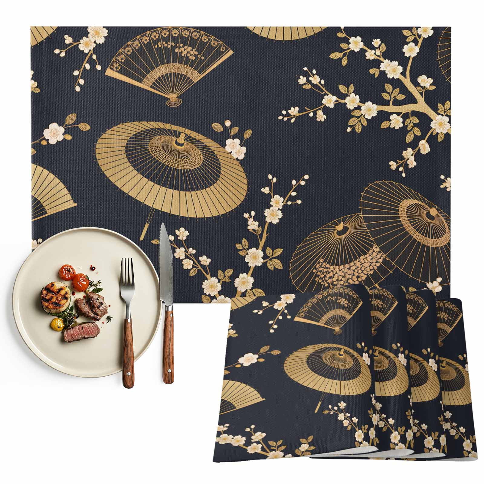 Placemats Set of 4, Golden Paper Fan Place Mats Cherry Blossom Japanese ...