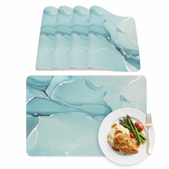 Placemats Set of 4, Gradient Marble Agate Stone Faux Leather Placemat Waterproof Oil-Proof Wipeable Table Mats 12x18in, Aqua White Ombre Lines Washable Place Mats for Kitchen Dining Table Party