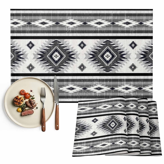 Placemats Set of 4, Gray Boho Aztec Place Mats Southwest Tribal Geometric Tablemats Washable Placemat Table Decoration for Kitchen Table Dinner Party Home Decor Indoor Outdoor 13x19 Inch