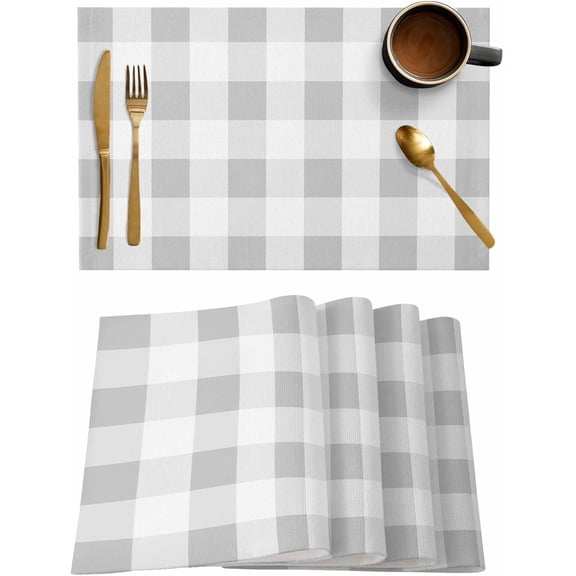 Placemats Set of 4, Gray White Buffalo Plaid Place Mats Classic Checked Tablemats Washable Placemat Table Decoration for Kitchen Table Dinner Party Home Decor Indoor Outdoor 12x18 Inch