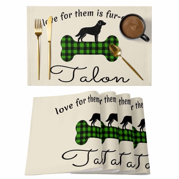 Placemats Set of 4, Green Black Buffalo Checkered Woven Placemat, Linen Place Mats for Kitchen/Dining Tables, Bones Cute Dogs Pets Washable Table Mats for Party